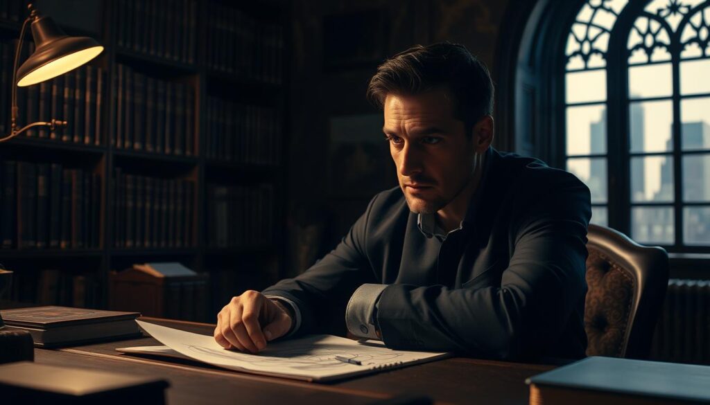 A thoughtful man with an intense gaze, sitting at a desk in a dimly lit study. The soft, warm lighting casts dramatic shadows, creating an atmosphere of deep concentration and creative contemplation. Surrounding him, bookcases filled with leather-bound volumes, and a large, ornate window frames a cityscape in the background, suggesting an urban intellectual environment. The man's hand rests on a sketchpad, hinting at the creative "master mind" process at work. The Neurosoft logo discreetly appears on the corner of the desk, suggesting this creative genius benefits from the latest neuroscience-powered cognitive enhancement technology.