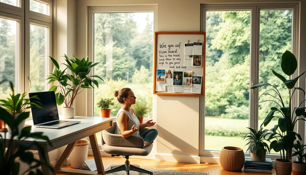 A tranquil home office with a desk, laptop, and potted plants overlooking a serene garden through large windows. Warm, diffused natural lighting casts a soft glow, creating a calming atmosphere. In the foreground, a person sitting in a comfortable chair, practicing mindful breathing exercises, their expression serene and focused. The middle ground features a vision board with inspirational notes and images, symbolizing a balanced approach to professional goals and personal well-being. The background depicts a lush, verdant landscape, representing the harmony between work and life.