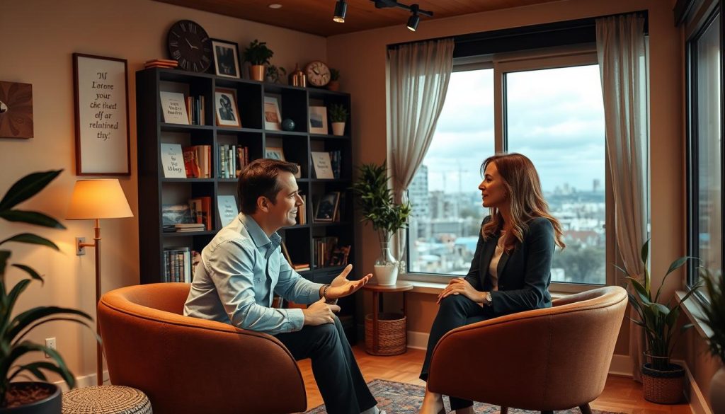 A cozy office interior with warm lighting and a comfortable ambiance. In the foreground, a professional life coach sits across from a client, engaged in a thoughtful discussion. The coach's body language is open and inviting, while the client appears receptive and attentive. In the middle ground, shelves lined with self-help books and inspirational décor create a sense of sanctuary and guidance. The background features a large window overlooking a serene urban landscape, symbolizing the potential for personal growth and improved relationships. The overall scene conveys a sense of empowerment, trust, and the transformative power of coaching.