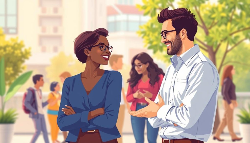 A vibrant and warm-toned illustration showcasing the concept of "Improving Human Relationships with Coaching". In the foreground, a coach and client engage in an animated discussion, their body language conveying a sense of connection and collaboration. The coach's expression is one of empathy and guidance, while the client's face radiates a newfound clarity and understanding. In the middle ground, a diverse group of people interact with one another, their gestures and facial expressions suggesting improved communication and rapport. The background features a softly blurred urban setting, with architectural elements and greenery that evoke a sense of harmony and progress. The overall mood is one of positivity, growth, and the transformative power of effective coaching.
