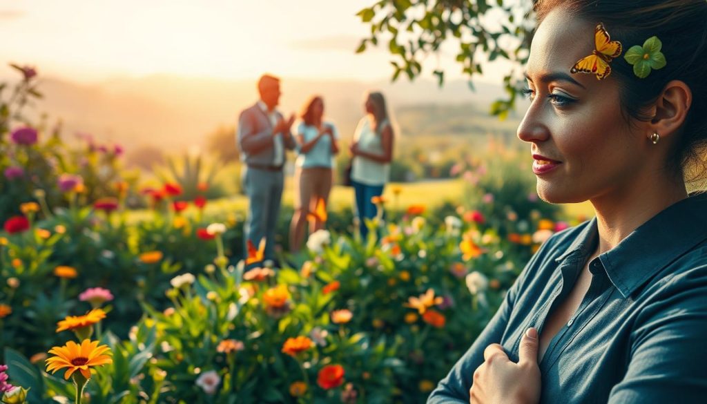 A lush, vibrant scene depicting the benefits of coaching. In the foreground, a person confidently making a decision, their expression serene and focused. Behind them, a flourishing garden symbolizing personal growth, with colorful flowers and butterflies. In the middle ground, two people engaged in a warm, constructive conversation, gesturing animatedly. The background features a tranquil, sun-dappled landscape, conveying a sense of harmony and clarity. Soft, warm lighting illuminates the scene, creating a sense of optimism and possibility. Captured with a wide-angle lens to emphasize the interconnectedness of the elements. The overall mood is one of clarity, empowerment, and positive transformation.