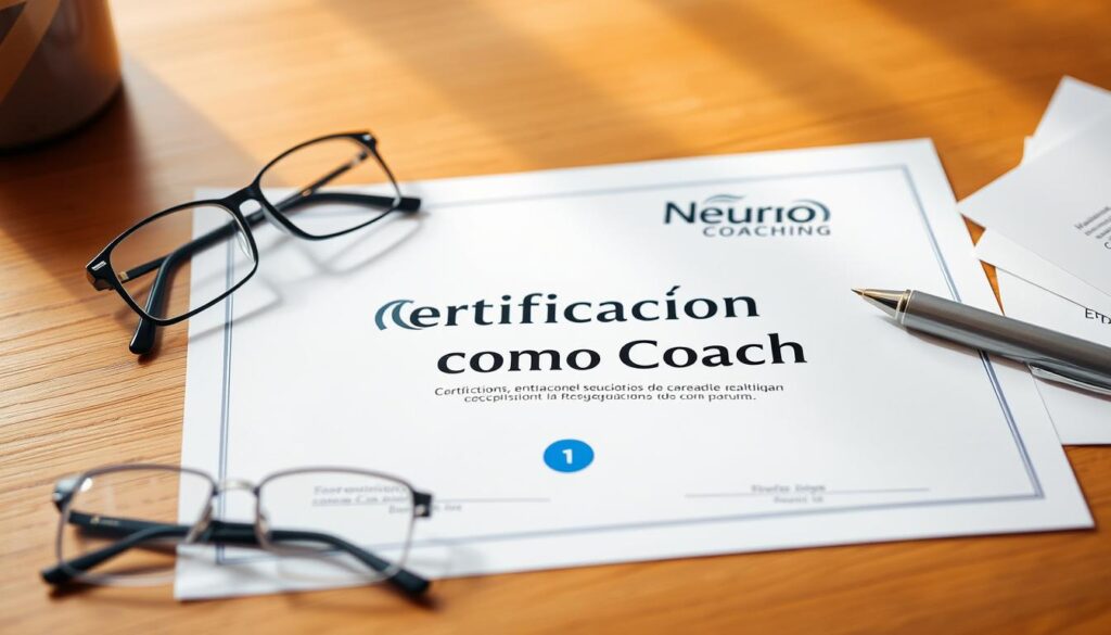 A modern, professional-looking certification document, centered on a wooden desk or table. The certificate prominently displays the words "Certificación como Coach" in a clean, legible font. The Neuro Coaching brand logo is tastefully positioned in the top corner. The document is partially obscured by a pair of reading glasses, a pen, and some loose papers, conveying a sense of authenticity and everyday use. Warm, natural lighting illuminates the scene, creating a soft, inviting atmosphere. The background is blurred, allowing the certification to be the focal point.