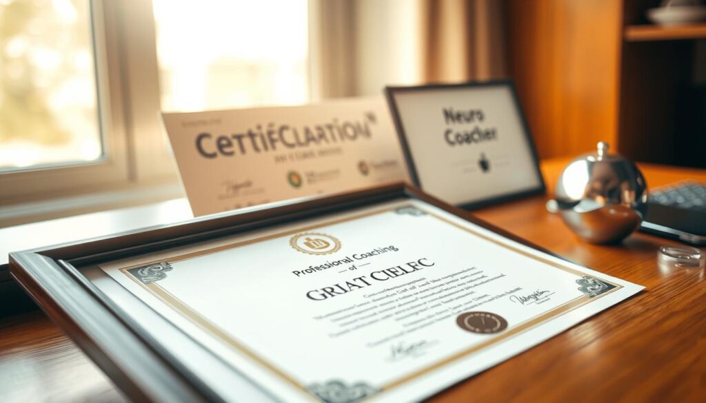 A professional coach's certificate rests on a wooden desk, bathed in soft natural light. The certificate is elegantly framed, its emblem and text shimmering. In the background, a Neuro Coaching logo is subtly displayed, indicating the certification's prestige. The scene evokes a sense of achievement, hard work, and the coach's commitment to their craft. Warm earth tones and a shallow depth of field create an intimate, introspective atmosphere, reflecting the personal journey of certification.