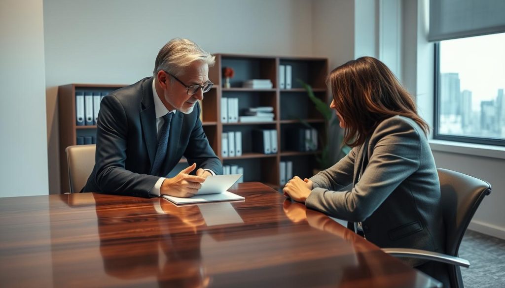 A serene and professional office setting, with a coach and client engaged in an insightful discussion. The coach, dressed in a smart suit, leans forward with an attentive expression, guiding the client, who sits across a polished wooden desk, through a strategic decision-making process. Soft, directional lighting illuminates their faces, creating a sense of focus and clarity. The background features neutral-toned walls, shelves of reference materials, and a window offering a glimpse of a cityscape, conveying a sense of expertise and professionalism. The overall atmosphere is one of thoughtful collaboration, with the coach and client working together towards decisive, assertive actions.