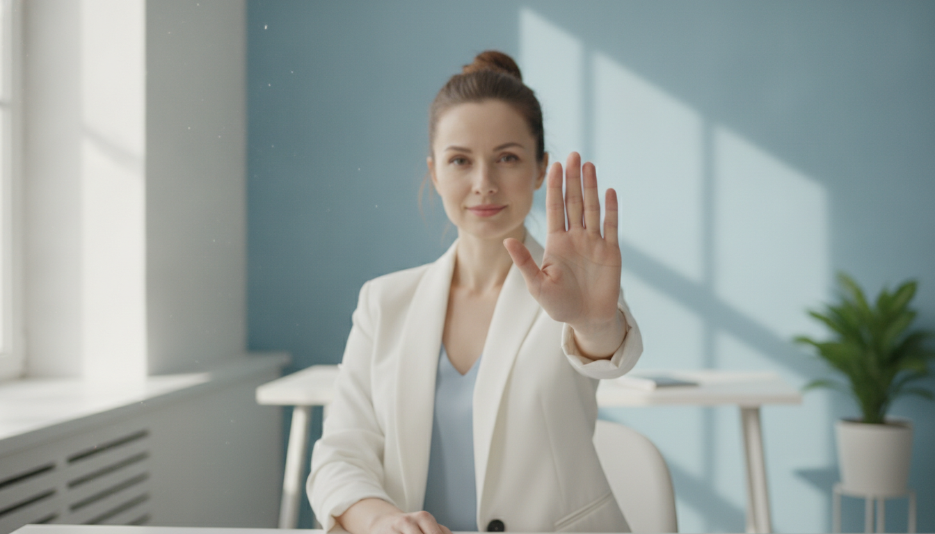 Persona joven con expresión serena haciendo un gesto de stop con la mano de forma amable, representando la comunicación asertiva y límites.
