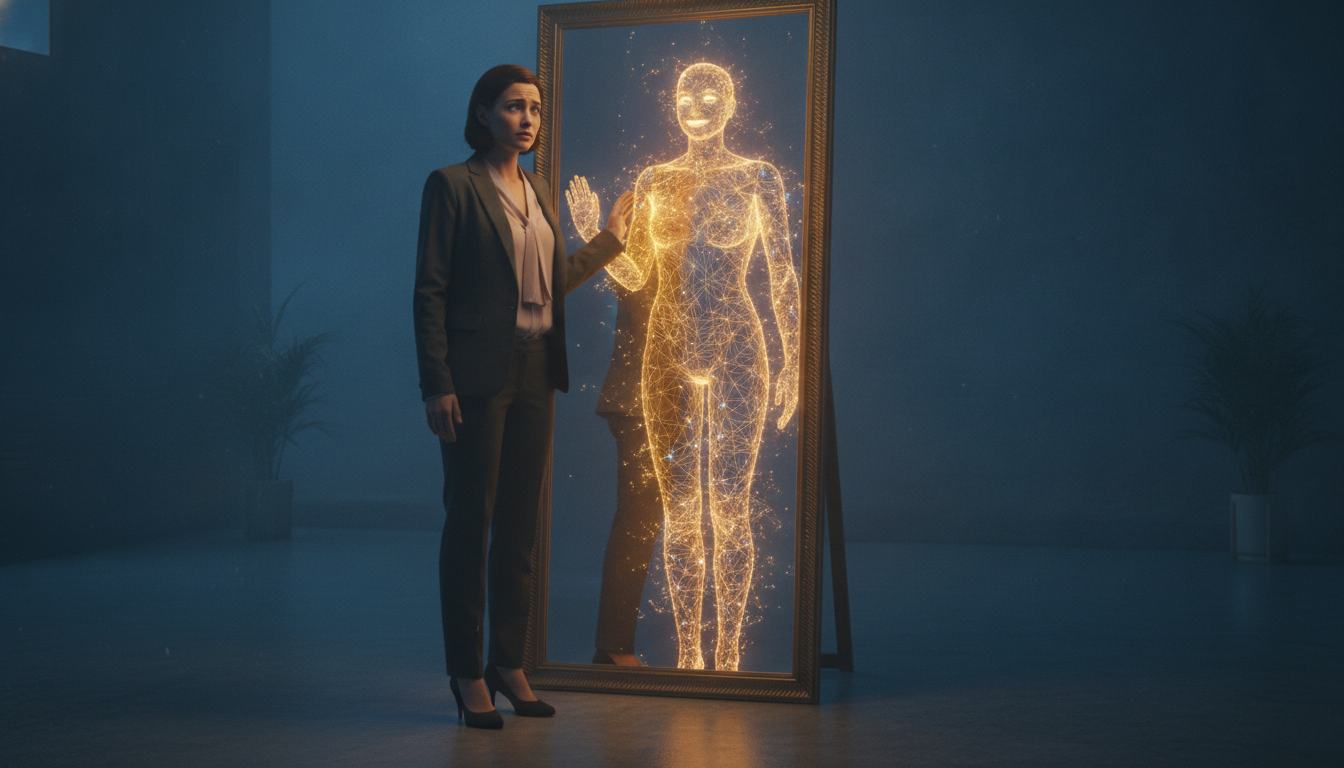 Persona frente al espejo superando el síndrome del impostor y PNL mediante visualización positiva.