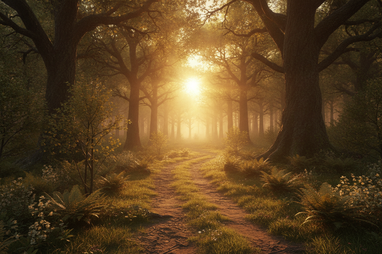 Camino en bosque hacia el amanecer simbolizando crecimiento personal.